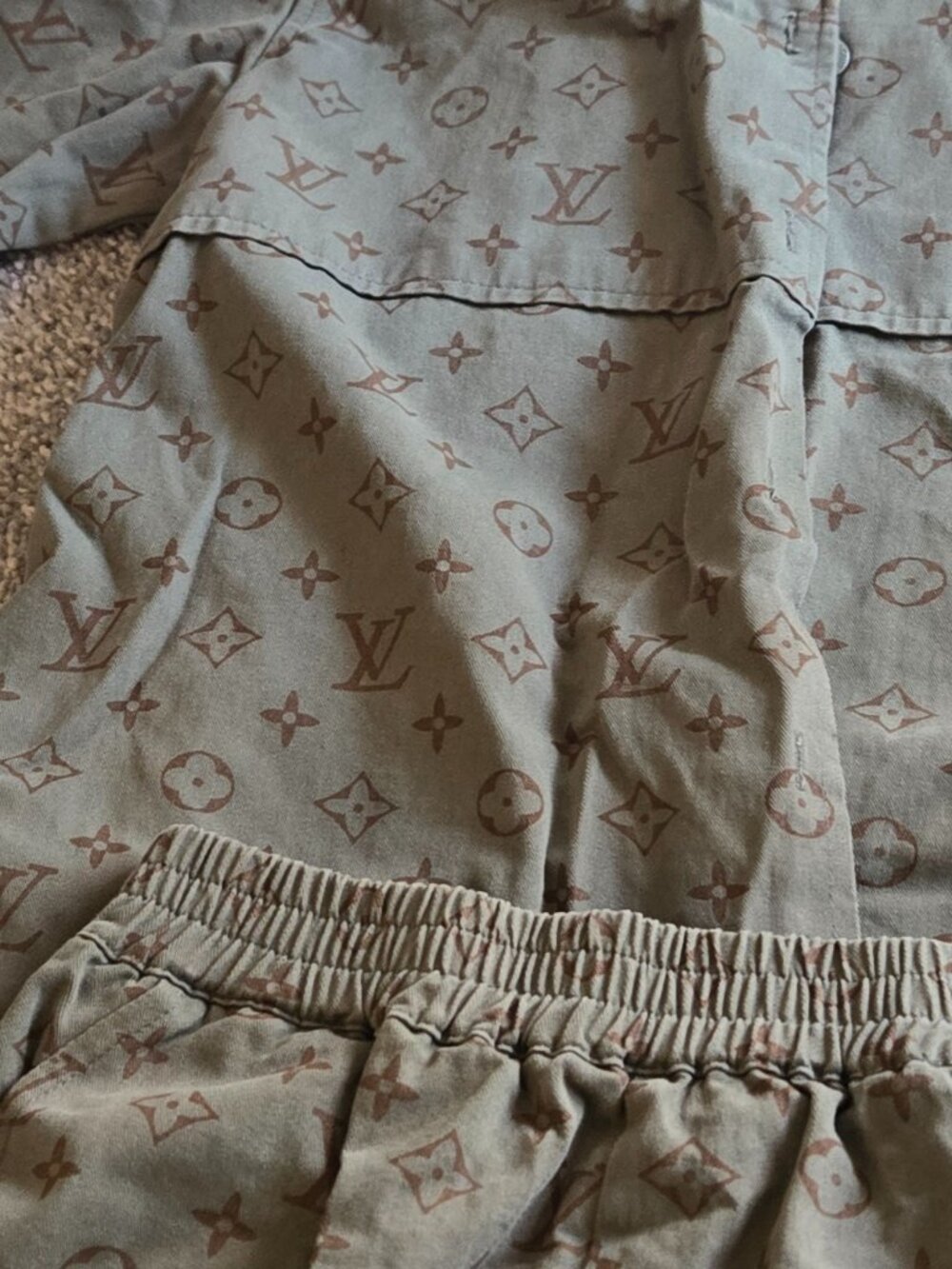 Louis Vuitton Monogram Denim Loungewear Shirt & Shorts Set – Olive Green